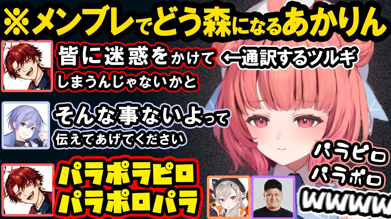 メンブレでどう森になるあかりんと通訳をするツルギ＆めっさん、下ネタを言うらっしゃーと偏向報道に怒るぶいすぽ組、らっしゃーのトイレが早い理由が気になるめっさん【夢野あかり/ぶいすぽ/切り抜き】