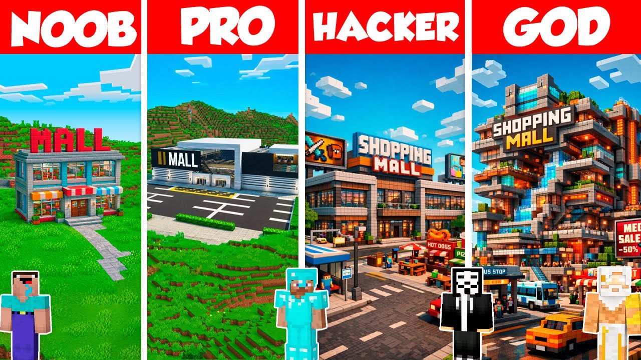 Mall Build Battle Challenge - Noob vs Pro vs Hacker vs God - Minecraft Animation