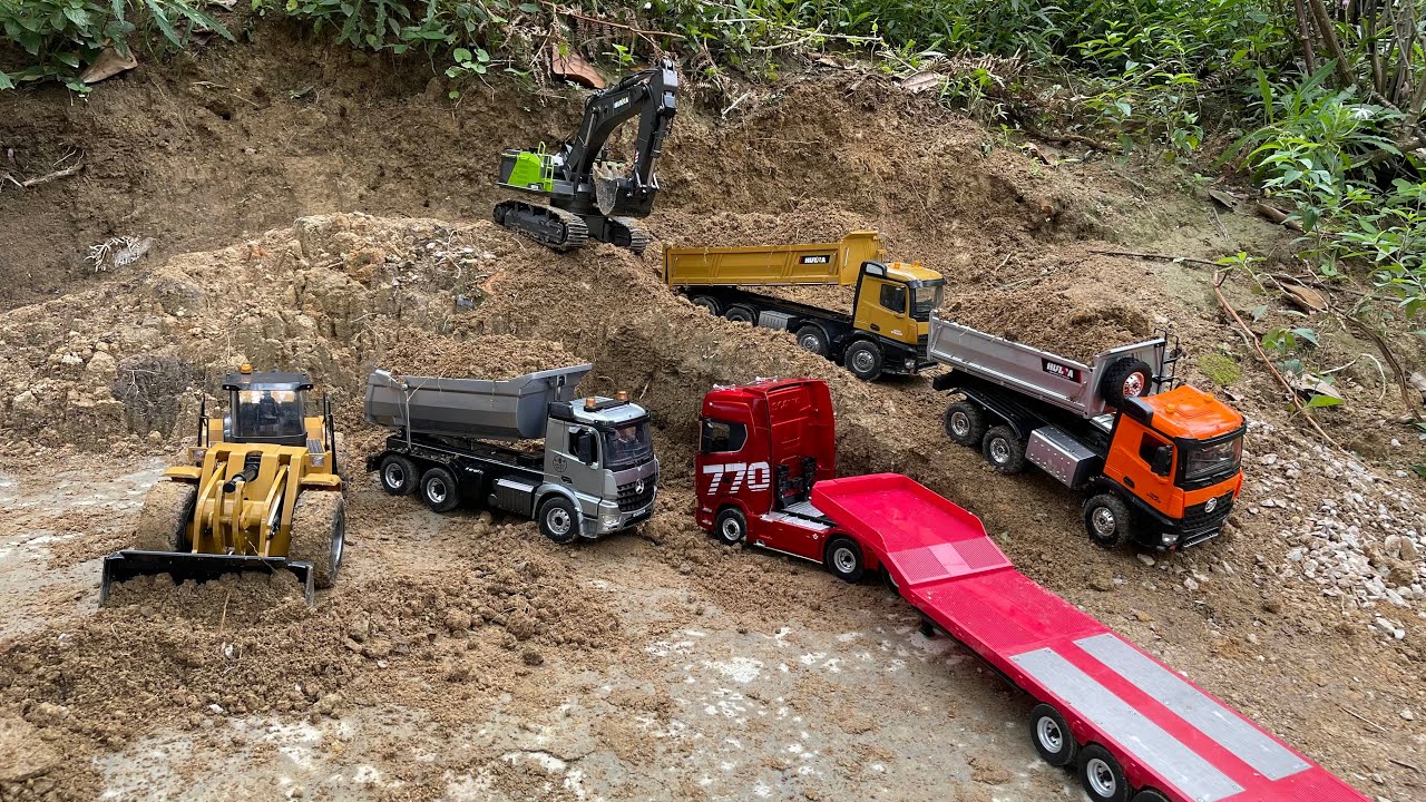 Aksi #105 Excavator Besar Huina 1593, Dump Truk RC Huina 1598, Huina 1536, Scania RC Muatan Tanah 