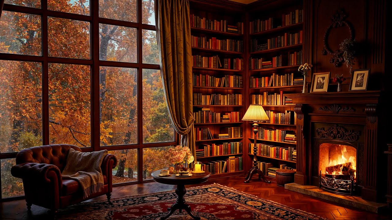 Cozy Reading Nook Ambience 🌧️ Soft Jazz with Fireplace Sounds and Rain On Window for Relaxation