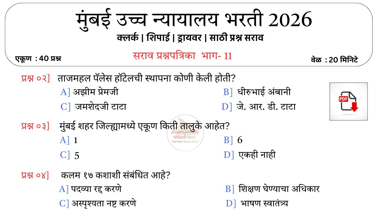 Mumbai High Court Exam 2026 | मुंबई उच्च न्यायालय भरती प्रश्नपत्रिका | Imp 40 Questions