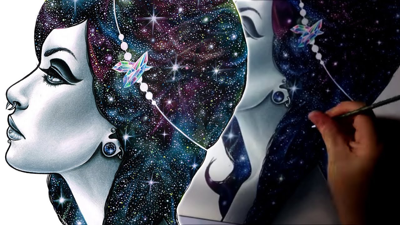 Interstella - Time Lapse Outer Space Girl Portrait - Traditonal Art Cosmos Galaxy Pin Up