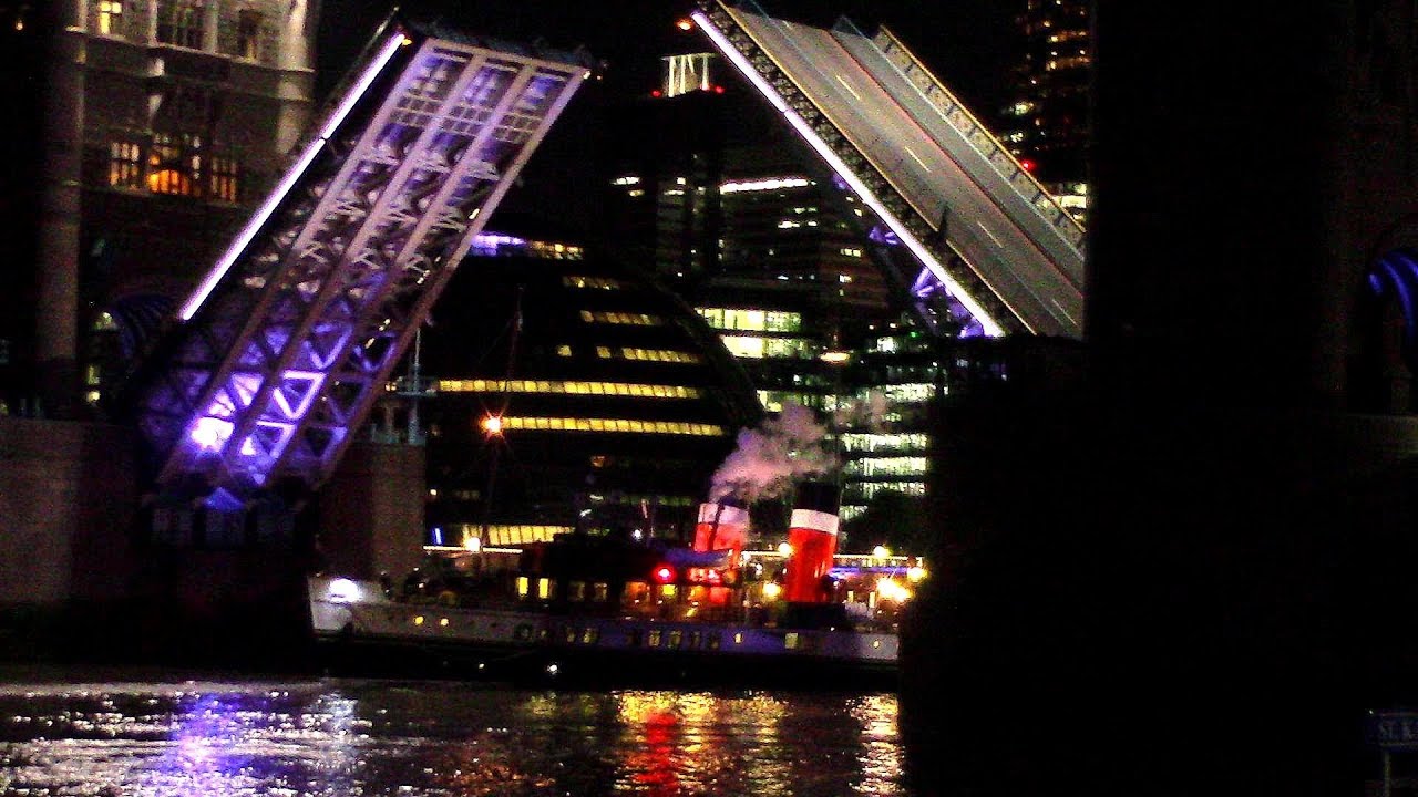 Waverley passing through Tower Bridge at Night - 2018