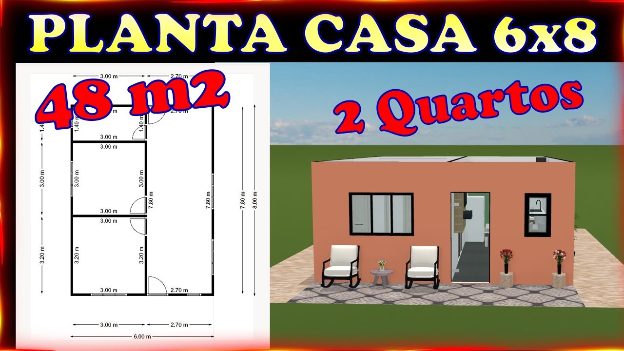 Planta Casa 6x8 - 48m² com 2 Quartos e Cozinha Americana