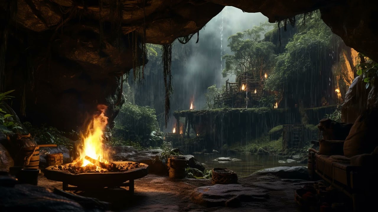 Hidden Cave In Forest On Rainy | Rain and Thunder Sound For Meditation, Relaxation | Cave Sounds