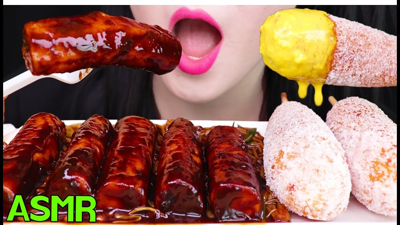 ASMR BLACK BEAN RICE CAKE *CHEESY* CORN DOG 짜장 떡볶이 치즈 핫도그 먹방 (EATING SOUNDS)