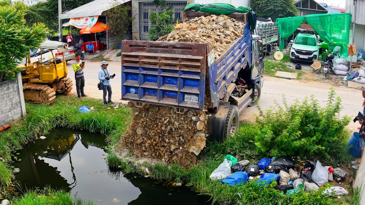 WOW Start The Best Project Bulldozer D20P  Pushing Stone By Truck Dumping Stone Into Flood Pond