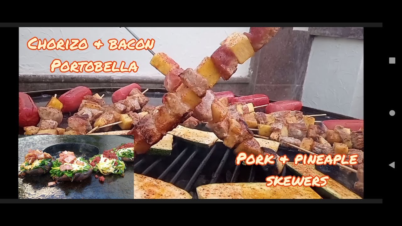 Шашлык из свинины и ананасов, бекон портобелла и чоризо