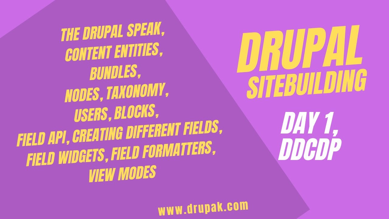Drupal Day 1, Drupal basics, Entities, Nodes, Blocks, Fields, Widgets, Formatters,View Modes,