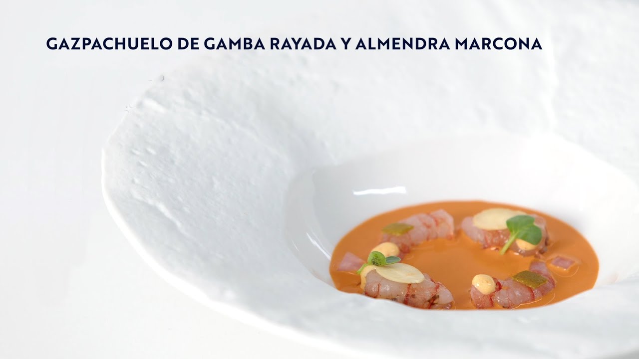 GAZPACHUELO DE GAMBA RAYADA Y ALMENDRA MARCONA