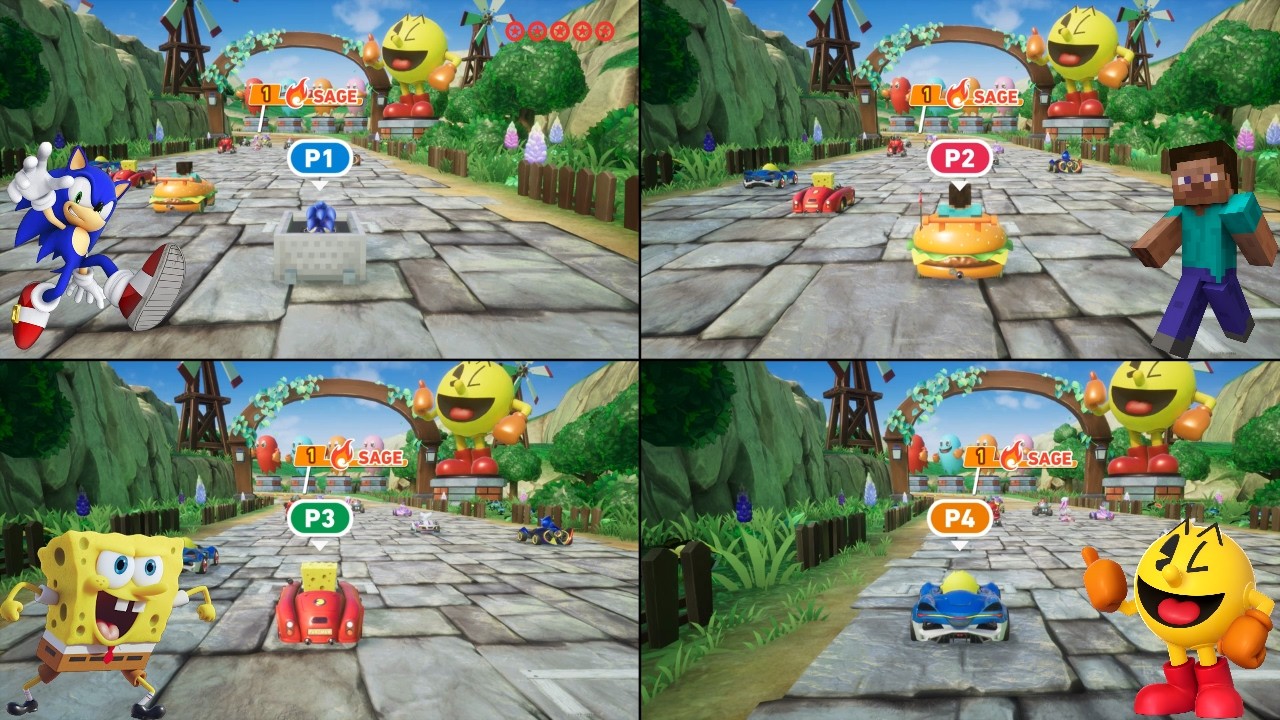 Sonic Racing: CrossWorlds x Minecraft, Spongebob, & Pac-Man 4-Player Split Screen Local Co-Op PS5