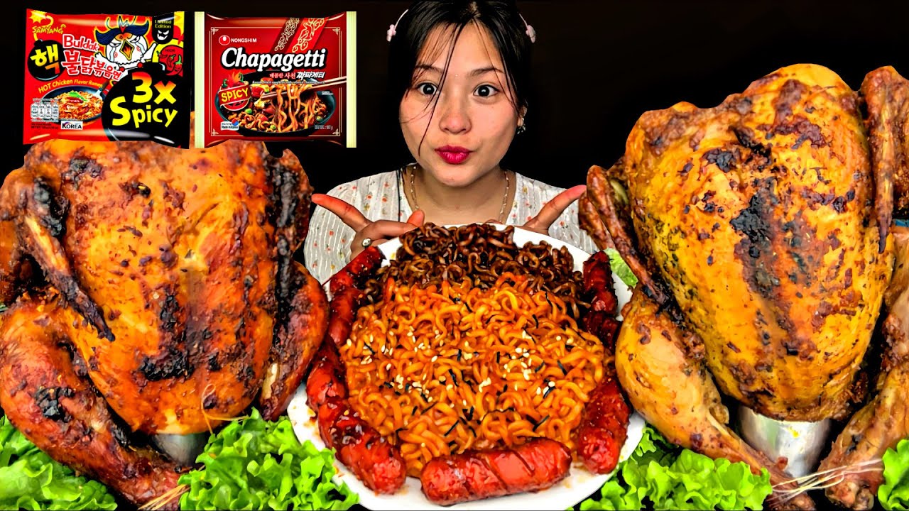 2 SPICY & JUICY WHOLE CHICKEN🔥WITH 3X SPICY NOODLES & CHAPAGETTI | REAL MUKBANG | #mikasa