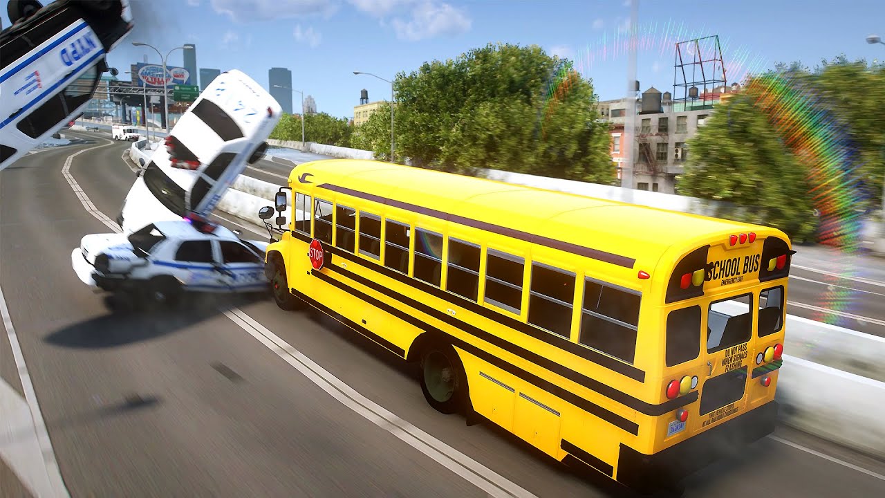 GTA 5 Crazy School Bus Car Crashes — Photorealistic Graphics Gameplay!