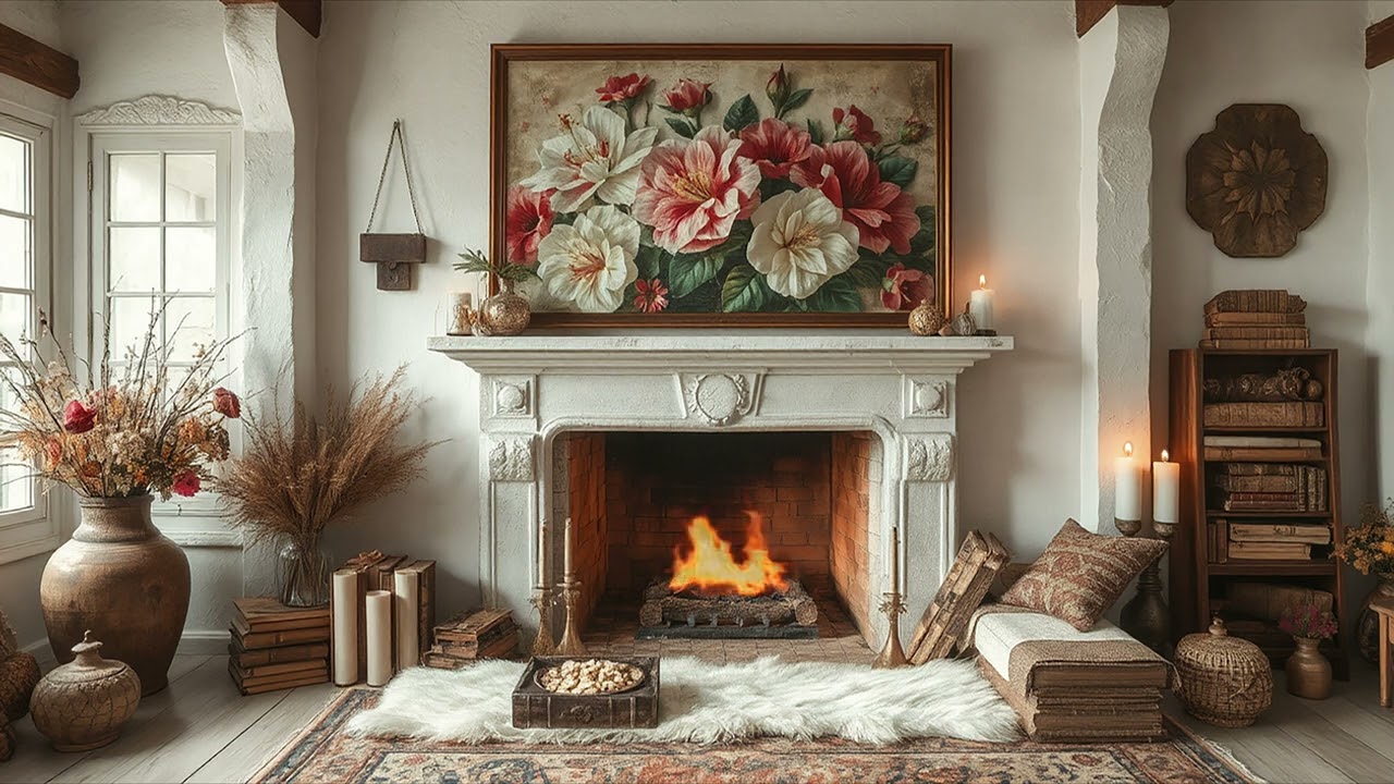 Relaxation in Cozy Spring interior with warm fireplace. 4k TV screensaver Relax, Sleep, Study, Enjoy