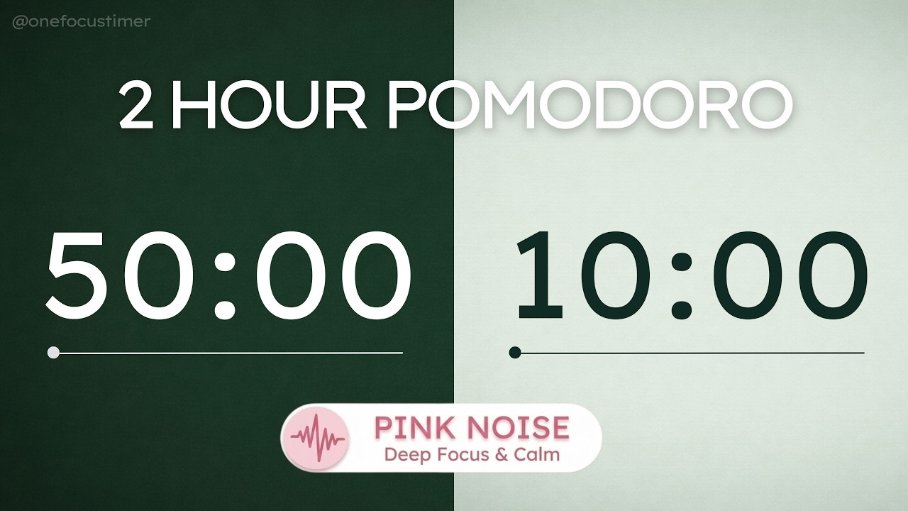 Pink Noise Pomodoro Timer 50/10 (2 Hour) | ADHD Deep Focus | Deep Forest Calm