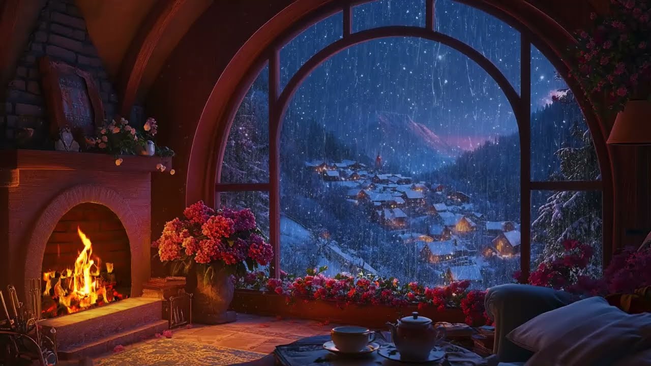 Magical Starry Winter Night at the Village 🌌 Gentle Rain on Window & Snow | Deep Sleep
