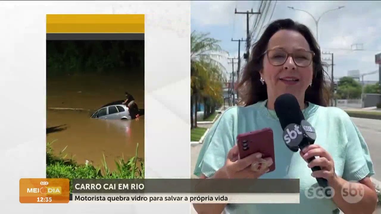 Motorista quebra vidro após carro cair em rio | Segurança | SCC Meio-Dia