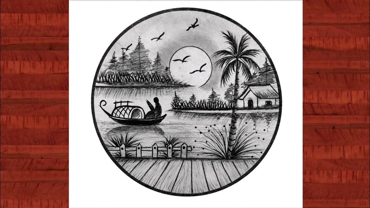 How drawing sun rising River scenery/How to draw amazing circle scenery drawing/circle scenery draw