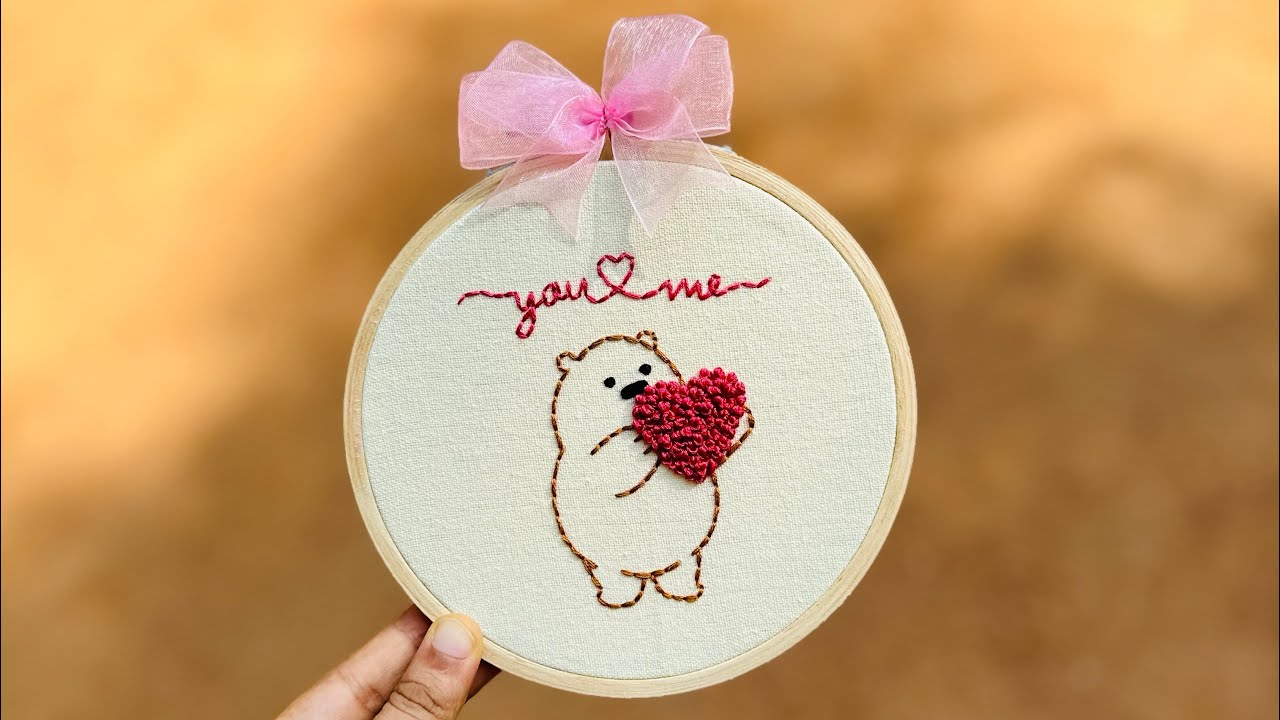 Very Easy Hand Embroidery for Beginners ❤️ Cute Bear with Heart Shape Embroidery || Free Pattern