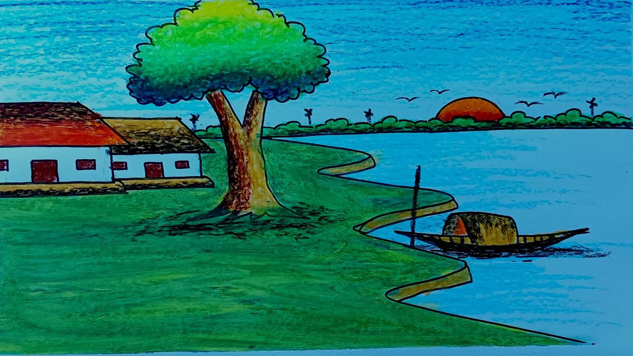 Простой рисунок деревенского пейзажа на берегу реки / урок рисования @EasyDrawing24