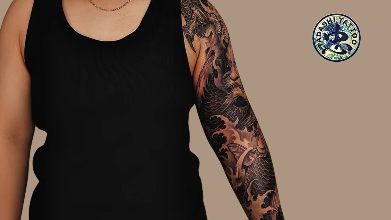 Black and Grey Dragon and Koifish Tattoo done by Trung Tadashi Artist | Timelapse | Freehand  Tattoo