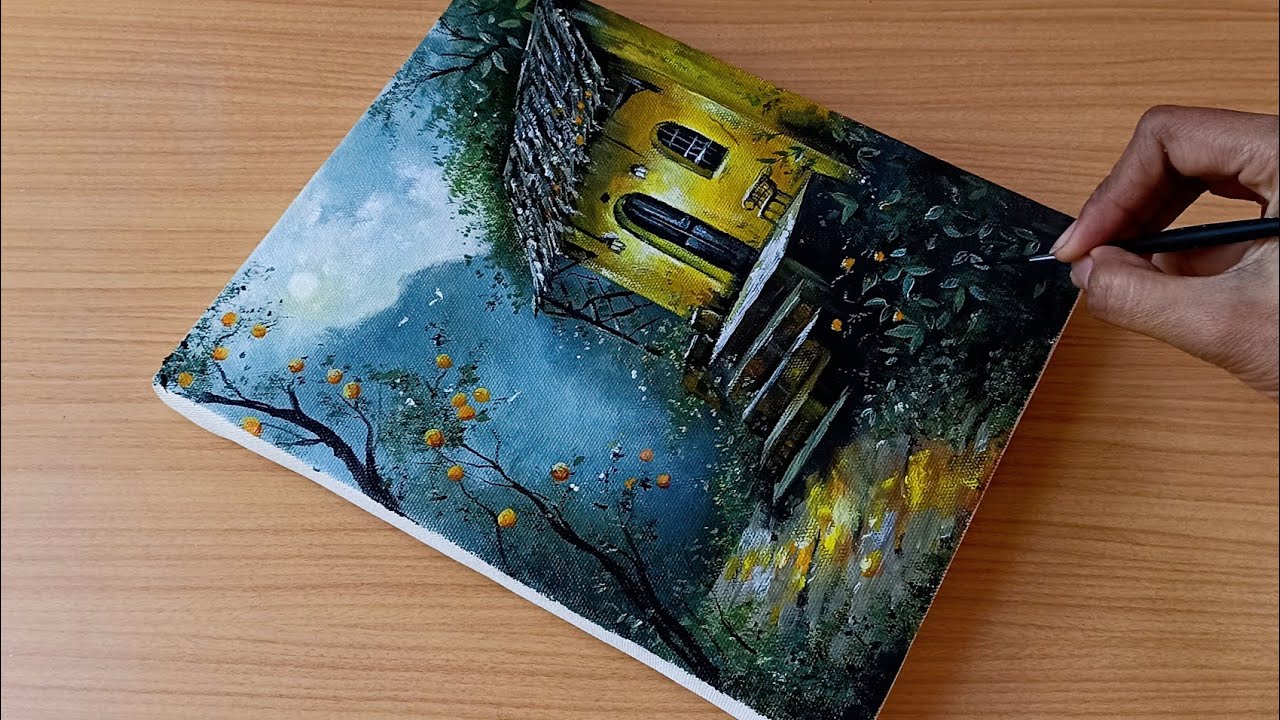 How to draw a Cottage 🏠 In Easy way//Acrylic Landscape painting for beginners