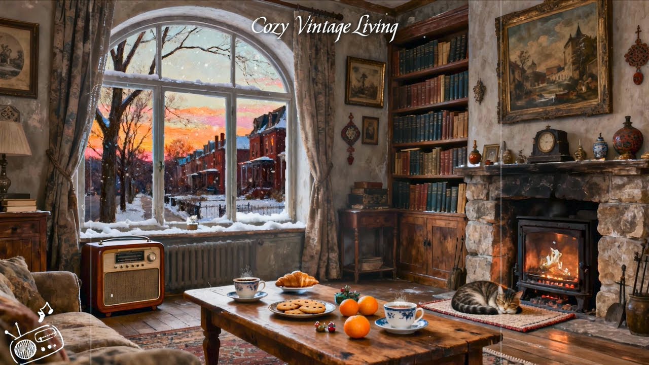 Cozy jazz winter night 1940s and you're listening to vintage music on a living room for relaxation