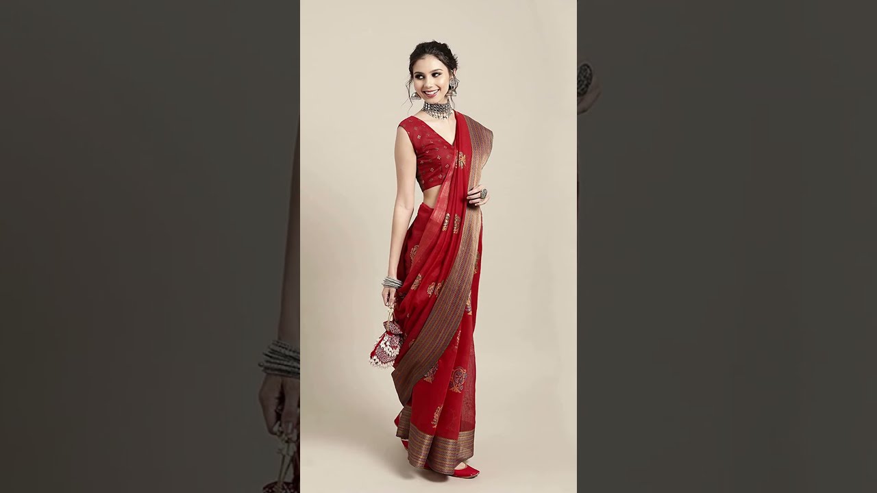 ♀️AKHILAM Ethnic 💯Motifs Linen Blend Saree With Unstitched Blouse Piece