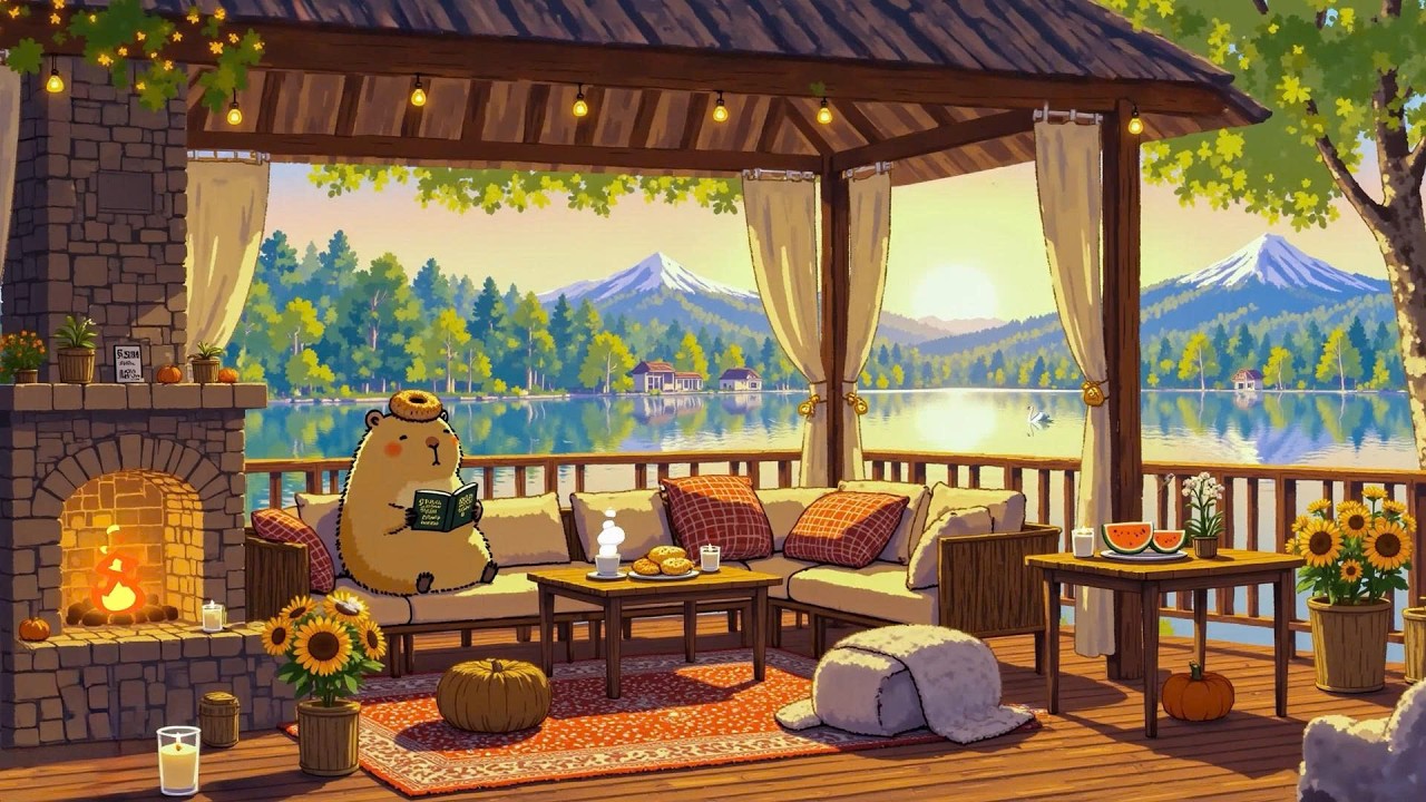 Lakeside Cozy Porch Café ☕🔥 & Soft Lofi Chill & Crackling Fire 🌿 Lofi Deep Focus to study/work/relax