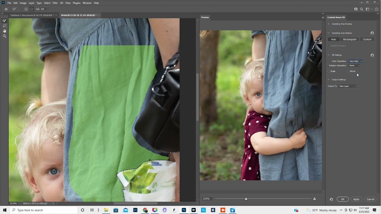 Content aware to remove an unwanted object in Photoshop, clone tool on lighten mode