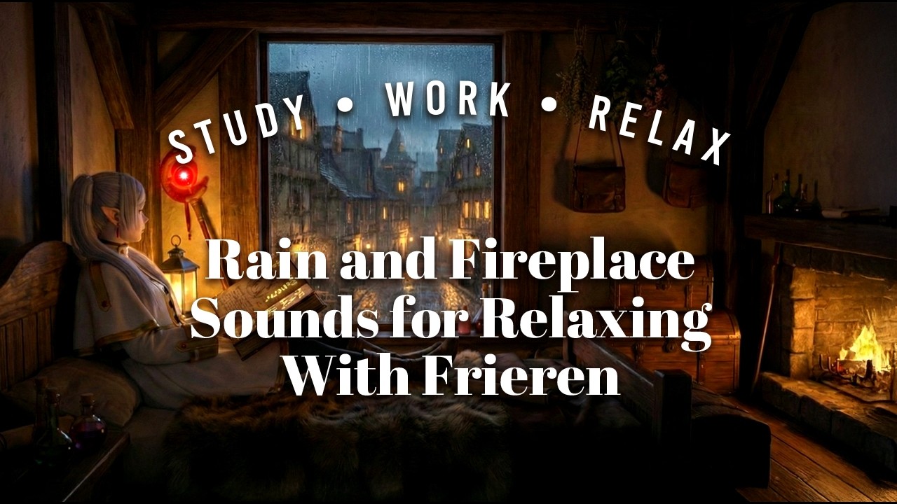 Frieren Tavern Bedroom｜Soothing Relaxing Rain & Fireplace Sounds｜Study & Work Relax｜Frieren Ambience