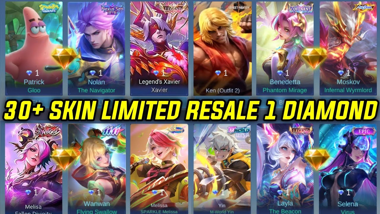 30+ SKIN LIMITED RESALE SHOP PROMO DIAMOND HARGA 1 DM SKIN LIMITED RESALE DIAMOND KUNING MLBB