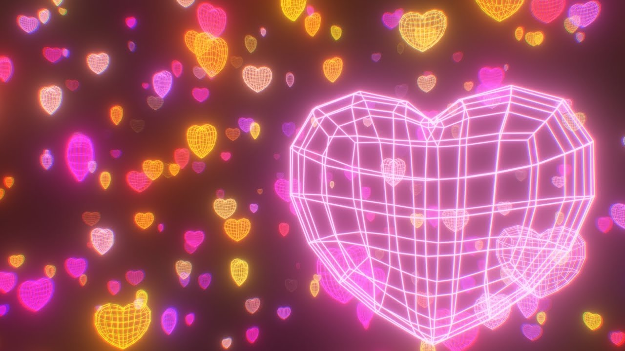 Warm Pink And Orange Neon Glow 3D Wireframe Hearts Moving Forward 4K VJ Loop Motion Background