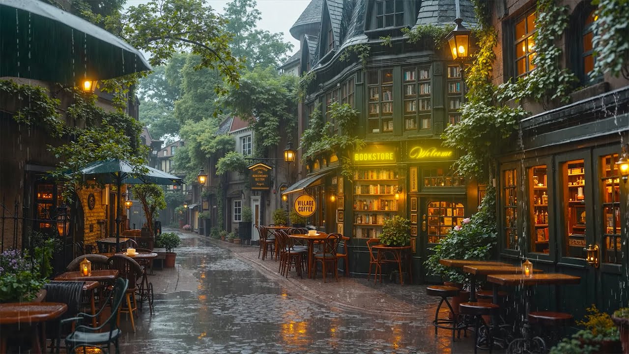 Smooth Jazz & Rainy Day 🌧️ Cozy Vintage Outdoor Book Caf&eacute; on Quiet Street for Relaxing and Studying