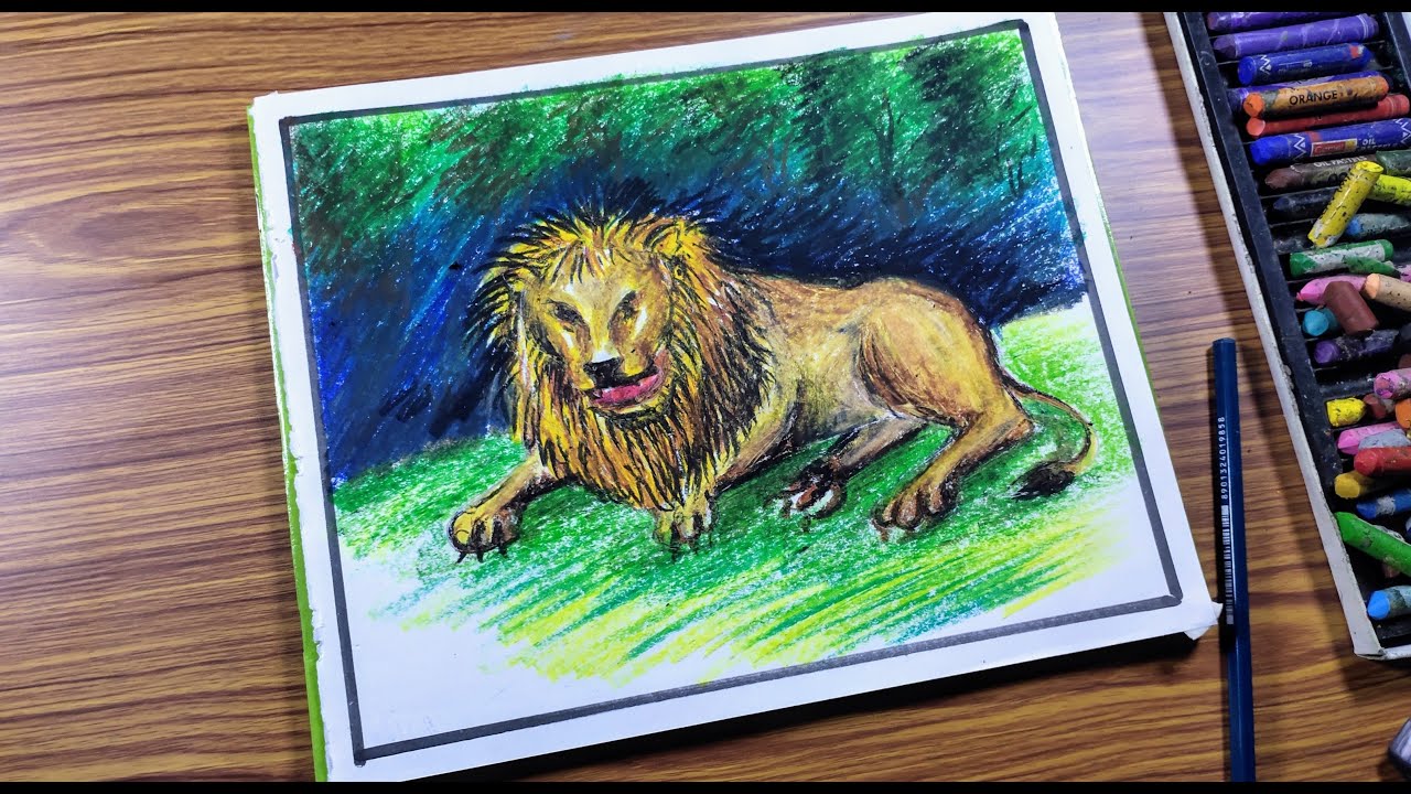 Lion drawing and colouring with oil pastel colour||lion drawing easy|| how to draw a lion easy