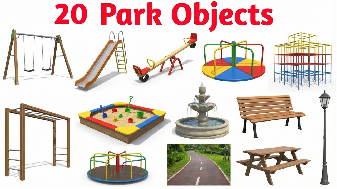 20 पार्क के नाम | Learn 20 Park Objects in English and Hindi | Kids Educational Video