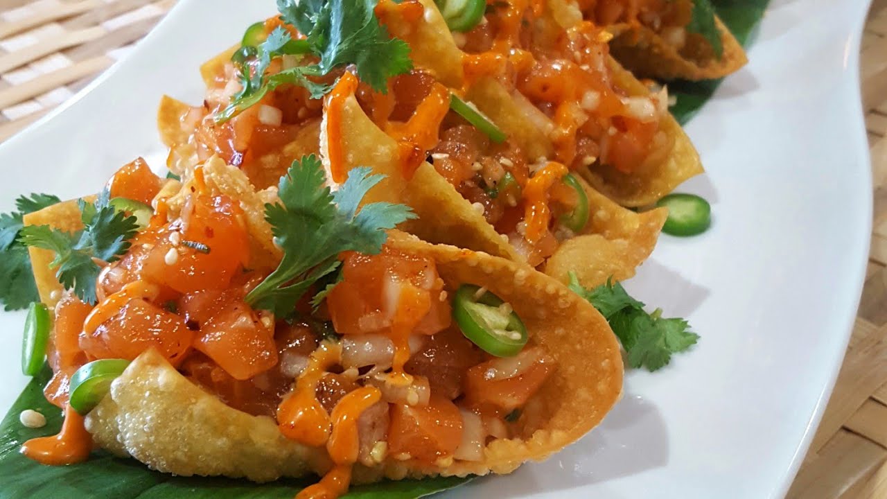 The Best Spicy Salmon Wonton Tacos
