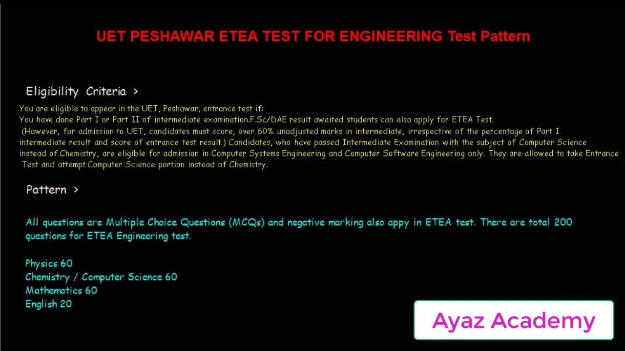 ETEA Entry Test Pattern UET Peshawar 2022 | Eligibility Criteria