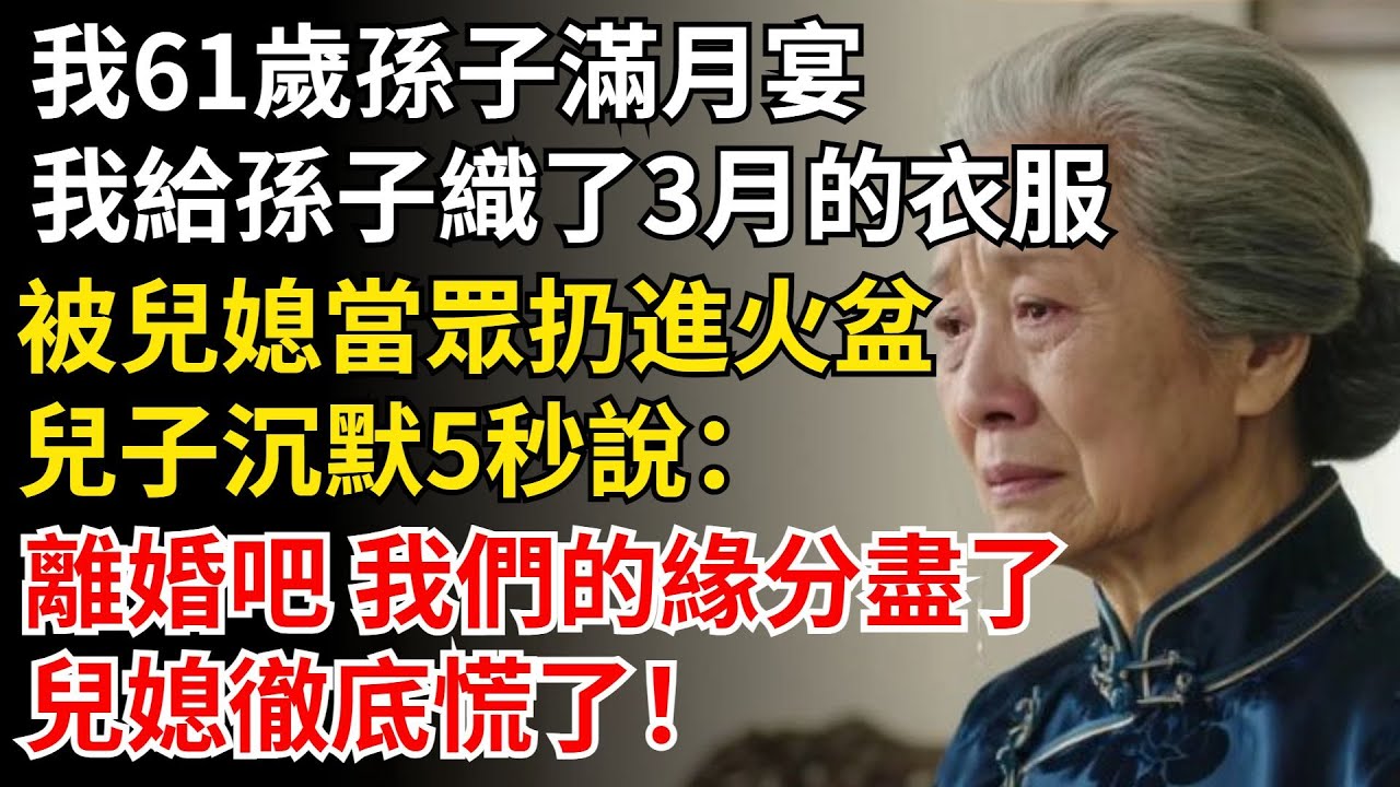 我61歲，孫子滿月宴，我給孫子織了3月的衣服，被兒媳當眾扔進火盆，兒子沈默5秒對兒媳說：離婚吧 我們的緣分盡了，兒媳徹底慌了！#晚年生活#中老年生活#為人處世#生活經驗#情感故事#幸福人生