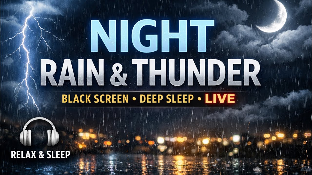 🌧️ Night Rain Sounds 🌩️ | Black Screen | Light Thunder for Deep Sleep & Relaxation (LIVE)