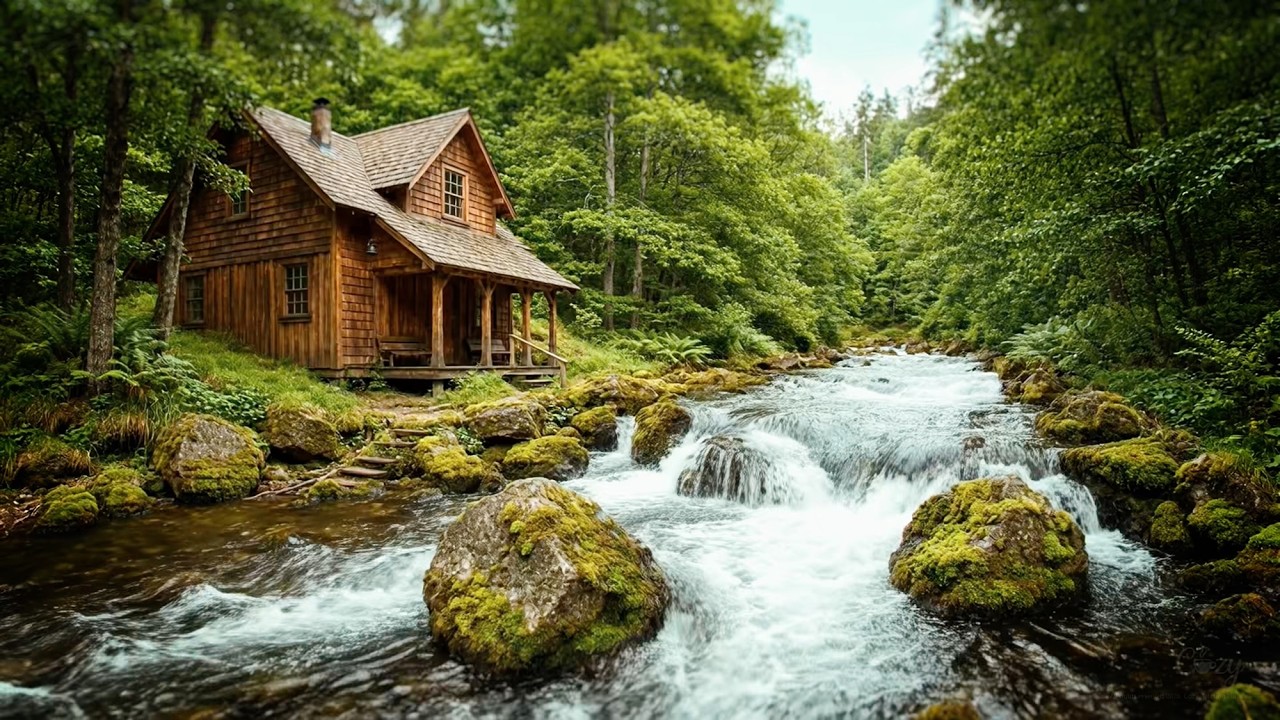 🌿 Cozy River Cabin in Lush Forest 🏞️ Gentle Waterfall Ambience Relaxing Sounds