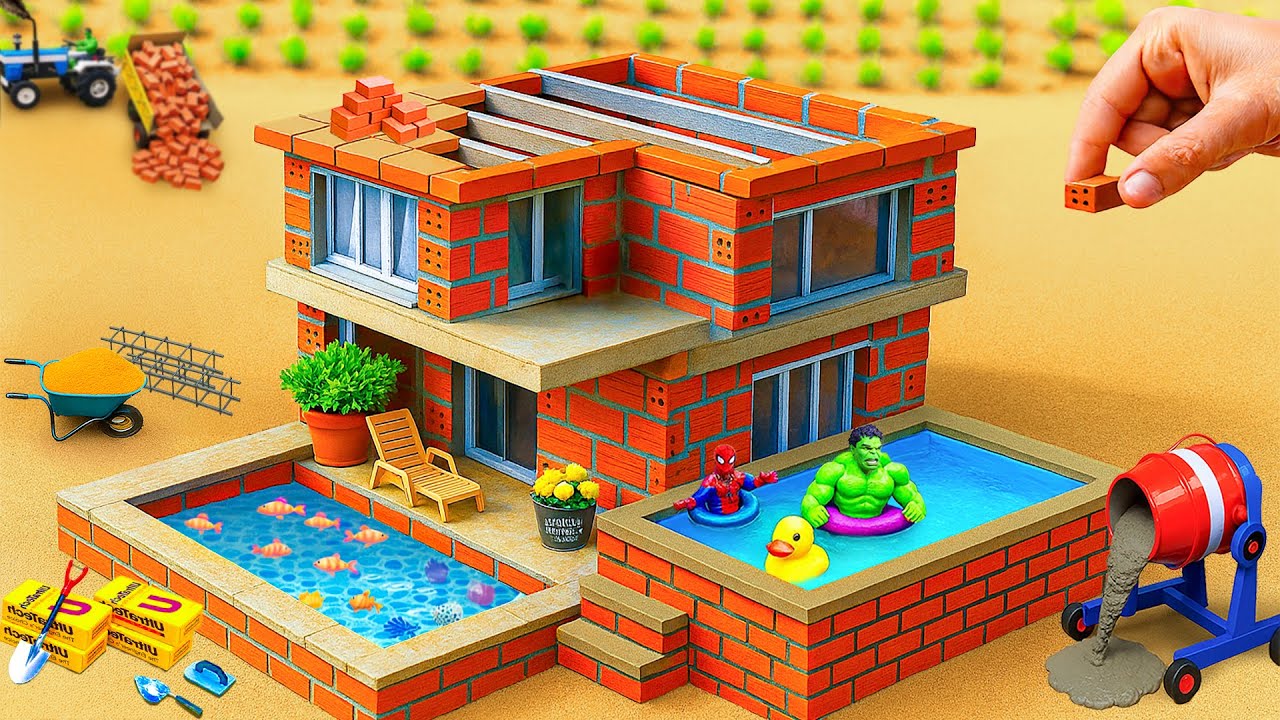 DIY Construction Science Project - Building a Modern 2-Story Fireproof House of Pool Tank With Brick