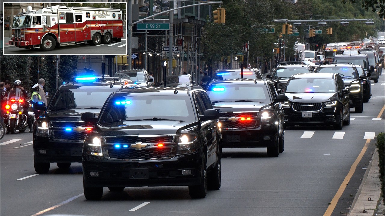 Large motorcade of Benjamin Netanyahu | HazMat and emergency vehicles at his hotel in New York