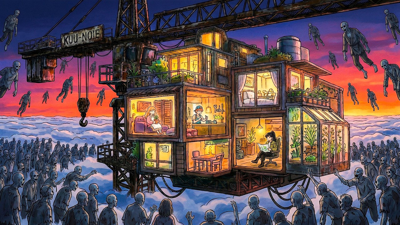 Flying Zombies Attack Cozy Moments in the Sky Base  Ghibli Style Video