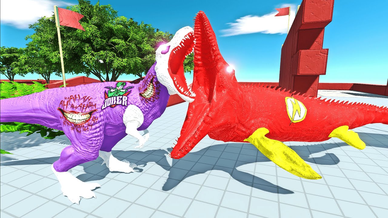 ESCAPE from JOKER T REX vs FLASH MOSASAURUS - Animal Revolt Battle Simulator ARBS