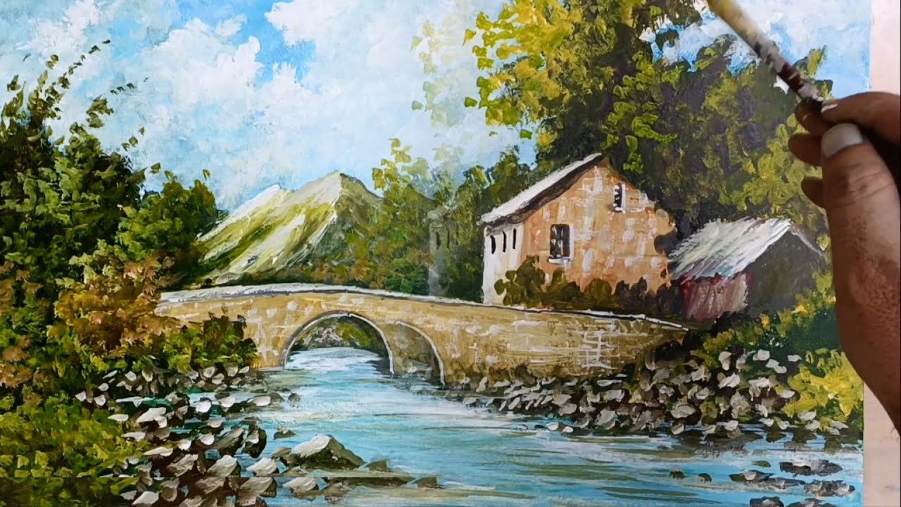 Как нарисовать деревья, дома и мост / Пейзаж акриловыми красками