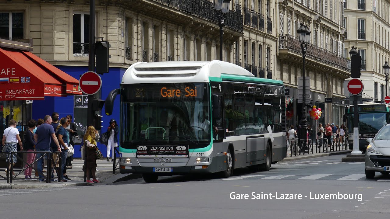 Paris Bus RATP MAN Lion's City Hybrid on Rt.21 from Gare Saint-Lazare to Luxembourg