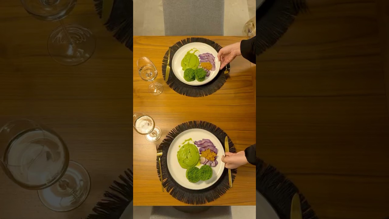 Violet fish and green cupcakes with mango caviar #seafoodlovers #seafoodlovers #gourmetcooking