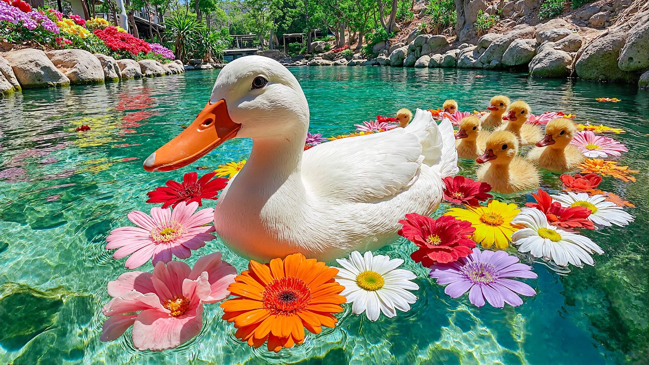 Радостная семья уток в кристально чистой воде 🌸 Спокойная терапия на природе для расслабления ума...