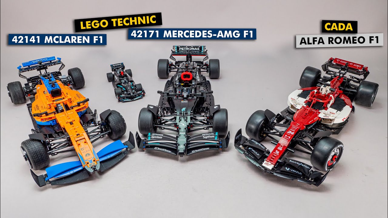 LEGO Technic 42171 Mercedes-AMG F1 W14 против 42141 McLaren F1 против CaDA Alfa Romeo F1 Team ORL...